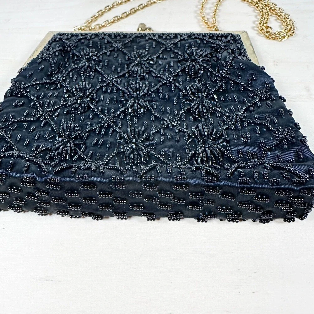 Vintage 1960s Black Beaded Evening Bag‎ Shoulder Elegant Formal
